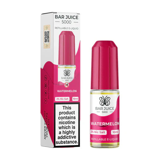 Bar Juice 5000 e-liquid bottle in Watermelon flavor, with a pink and white label, indicating 10ml capacity, 50/50 VG/PG nicotine strength, and product information.