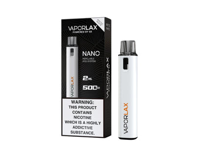 Vaporlax Nano Pod Kit in Arctic White – compact and stylish vape device with a sleek metallic finish and modern design.