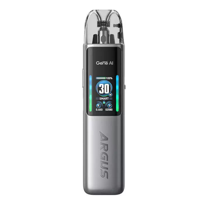 Genuine VOOPOO Argus G2 Vape Pod Kit in Astral Silver – sleek and futuristic vape device with a shimmering silver finish, smart display, and customizable performance features.