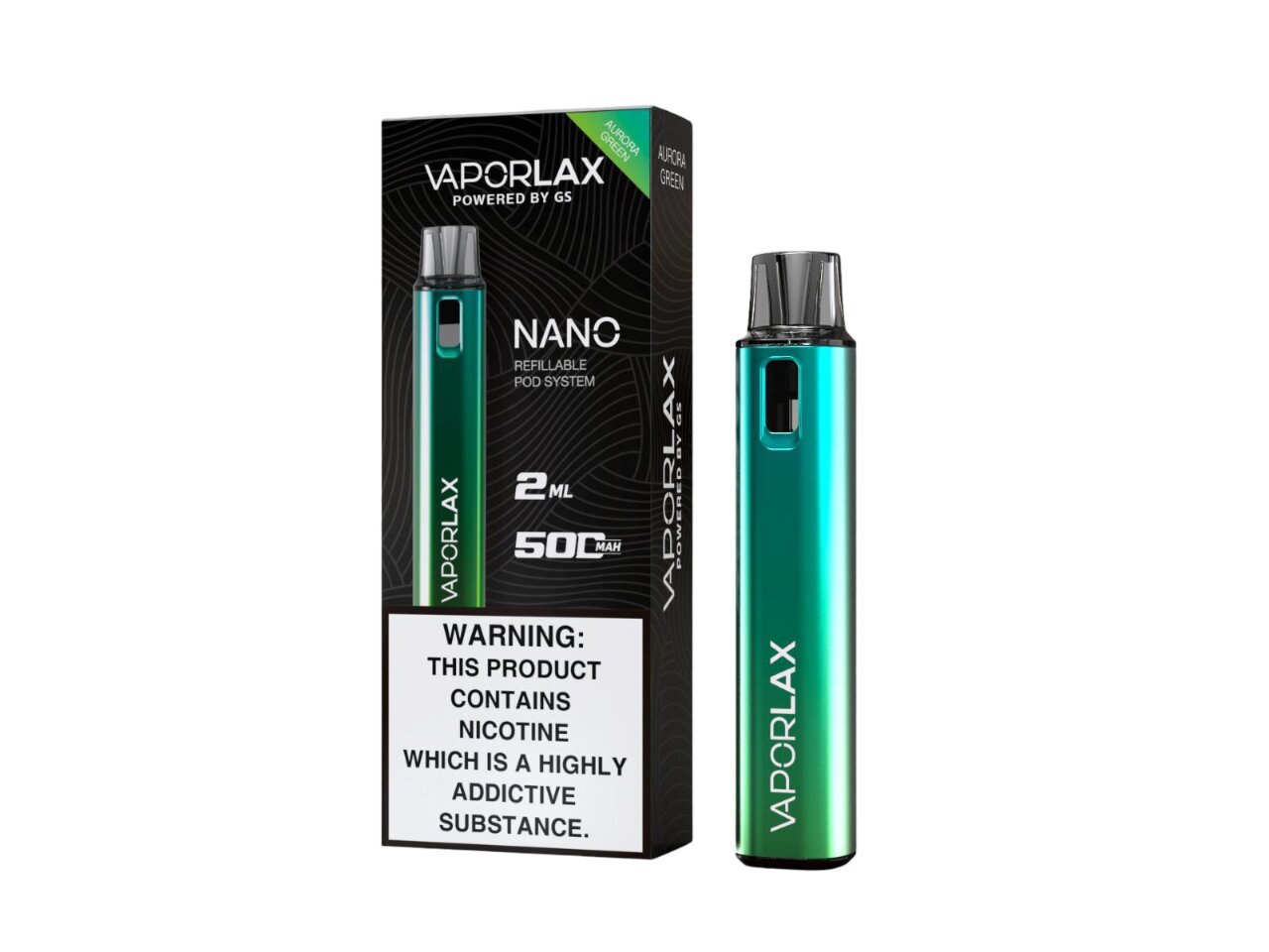 Vaporlax Nano Pod Kit in Aurora Green – compact and stylish vape device with a sleek metallic finish and modern design.