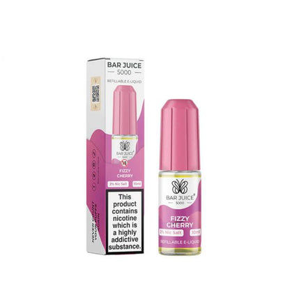A product image showing a box and a bottle of Bar Juice 5000 Nic Salt Vape juice, with the flavor being Fizzy Cherry. The box is pink and white, and the bottle is clear with a pink label.