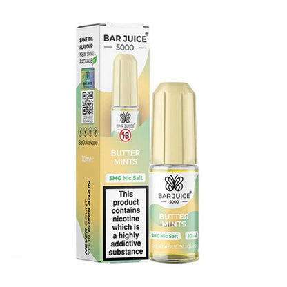 A product image showing a box and a bottle of Bar Juice 5000 Butter Mints Nic Salt Vape juice. The box is yellow with text and branding, and the bottle is clear with liquid visible inside.