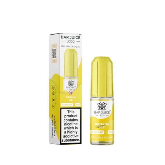A bottle of Bar Juice 5000 e-liquid next to its packaging, which is predominantly yellow with branding and nicotine warning labels.