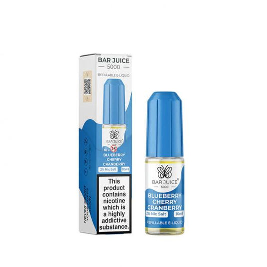 The image shows a bottle of Bar Juice 5000 e-liquid in a blue color with a label that includes the product name, strength (20mg), and flavor (Blueberry). There is also a schematic representation of a bar chart indicating the nicotine strength.