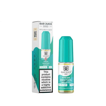 10ml bottle of Bar Juice 5000 Nic Salt E-Liquid in Fresh Menthol Mojito flavor, blending zesty lime, cool mint, and a hint of sweetness for a refreshing vape; smooth nic salt formula ideal for pod systems and MTL vaping.