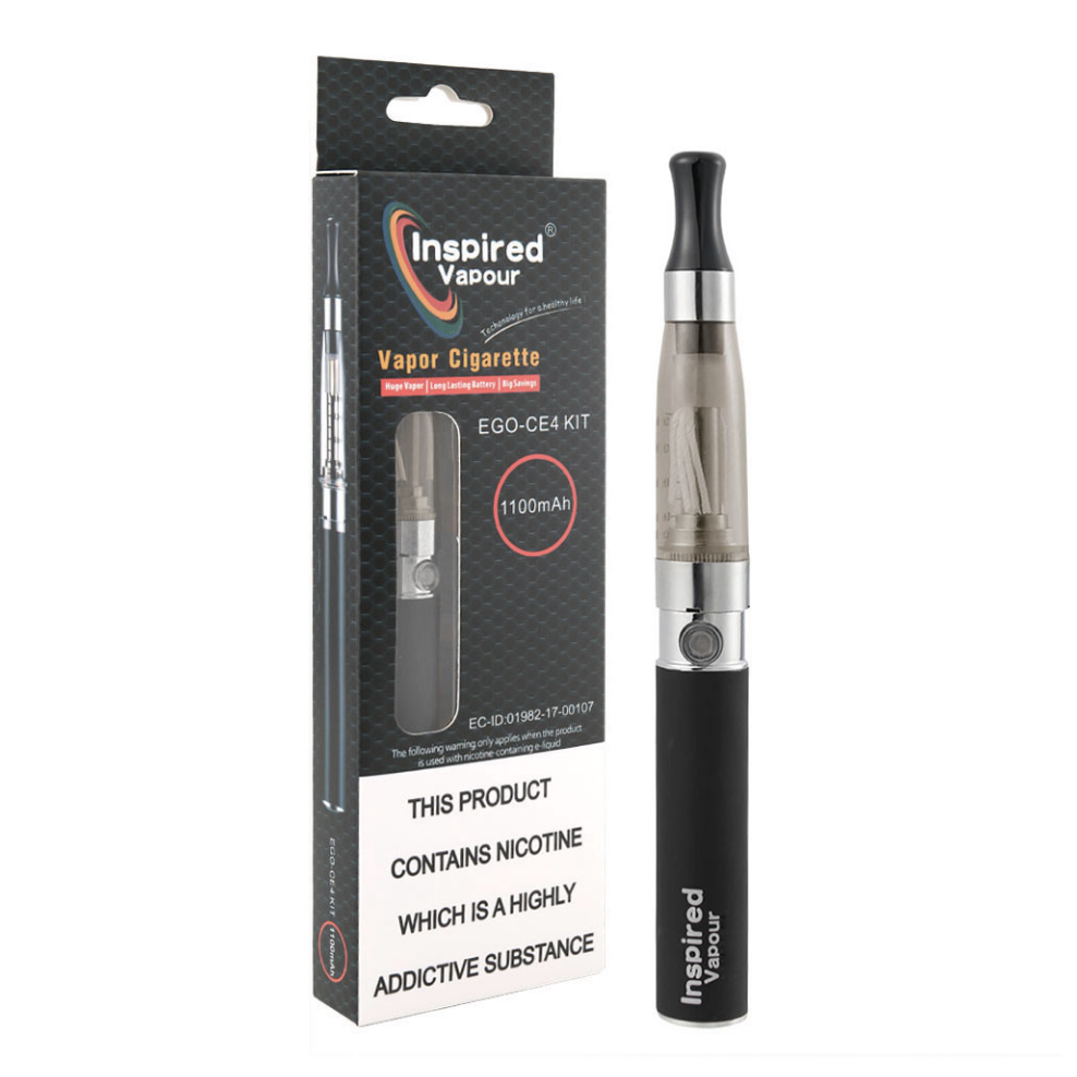 Inspired Vapour EGO CE4 Vape Pen Starter Kit in Black – 1100mAh e-cig kit with refillable atomiser, ideal for beginners.