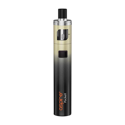 Aspire Pockex AIO starter vape pen kit in Black Gold, featuring an all-in-one design, refillable tank, and compact portable build ideal for beginners.