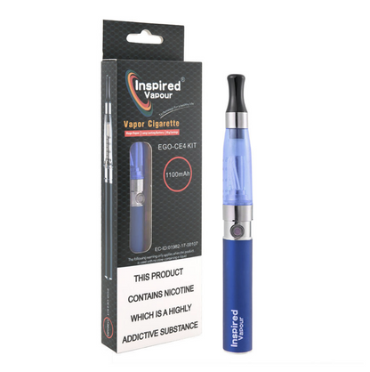 Inspired Vapour EGO CE4 Vape Pen Starter Kit in Blue – 1100mAh e-cig kit with refillable atomiser, ideal for beginners.