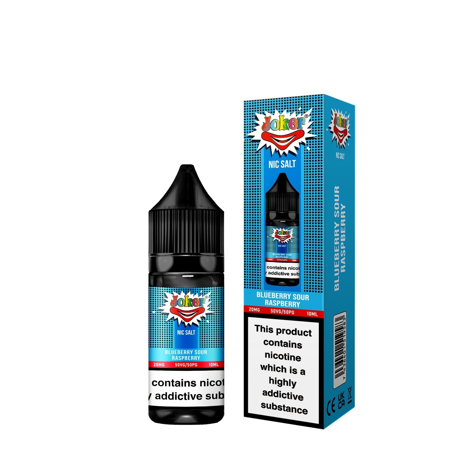 10ml bottle of Joker Nic Salts E-Liquid in Blue Razz Lemonade flavor, smooth nicotine salt formula designed for a satisfying throat hit, ideal for use with refillable pod vape kits.