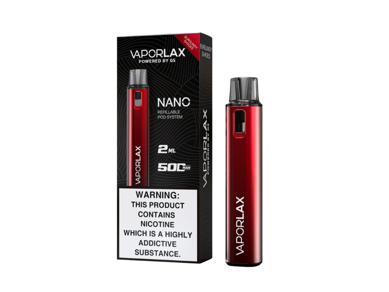 Vaporlax Nano Pod Kit in Burgundy Shades – compact and stylish vape device with a sleek metallic finish and modern design.