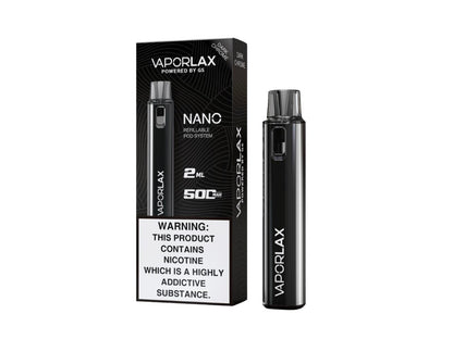 Vaporlax Nano Pod Kit in Dark Chrome – compact and stylish vape device with a sleek metallic finish and modern design.