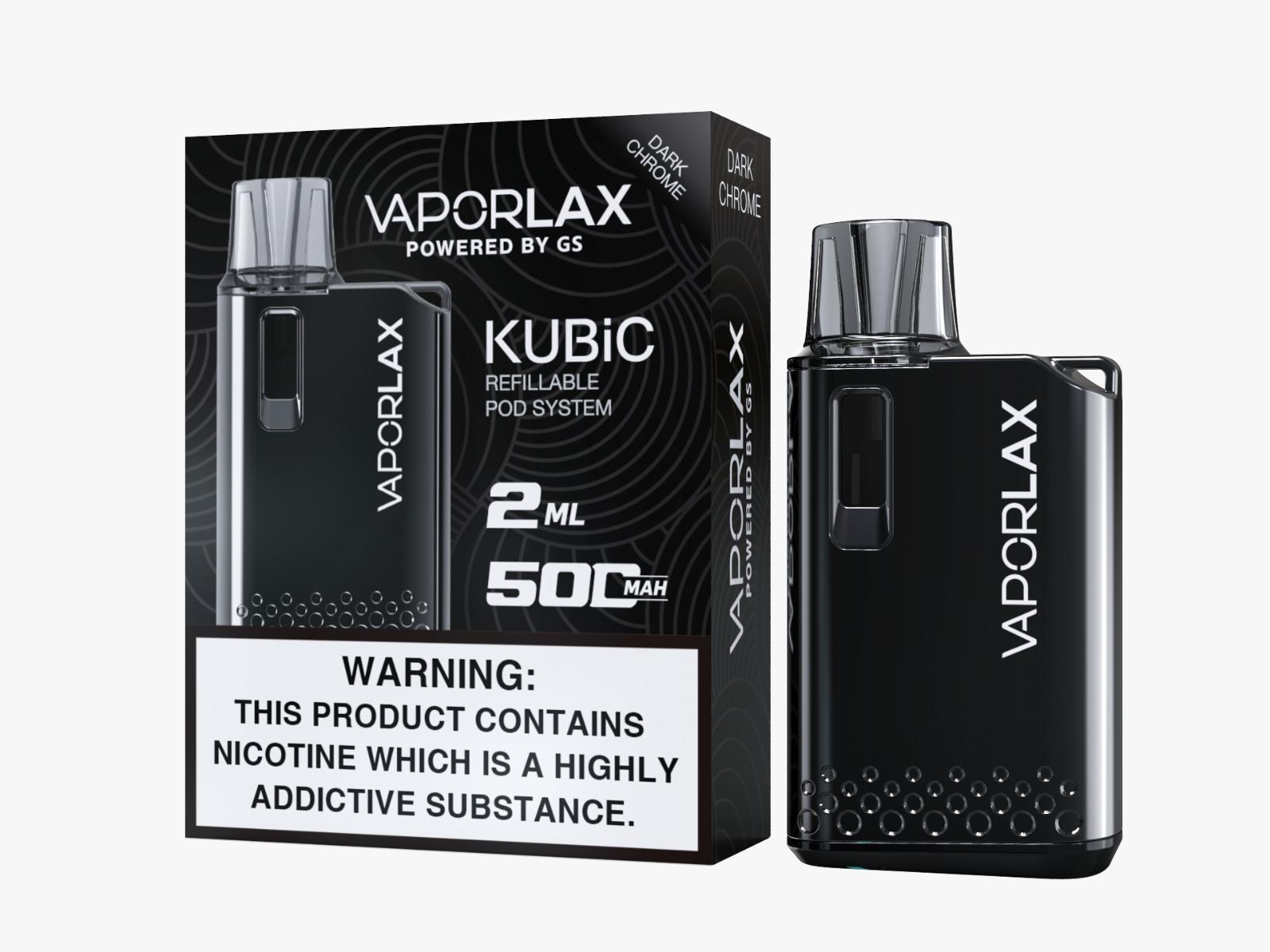 Vaporlax Kubic Refillable Pod Kit in Dark Chrome – compact and stylish refillable vape device with a smooth draw activation, and user-friendly design.