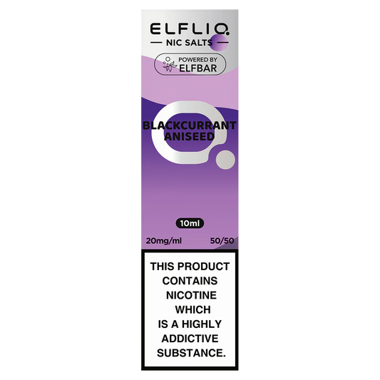 A bottle of ELFBAR ElfLiq Nic Salts e-liquid in Blackcurrant Aniseed flavor, with a label indicating 10ml volume, 20mg nicotine strength, and other product details.