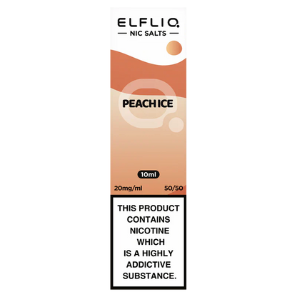 A bottle of ELFBAR ElfLiq Nic Salts e-liquid in Peach Ice flavor, containing 10ml of liquid with a nicotine content warning label.