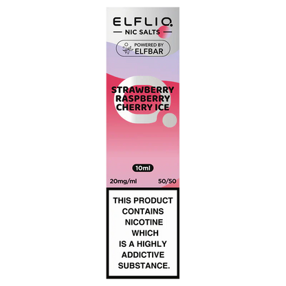A bottle of ELFBAR ElfLiq Nic Salts e-liquid in Strawberry Raspberry Cherry Ice flavor, 10ml size, with nicotine strength indicators.