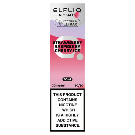 A bottle of ELFBAR ElfLiq Nic Salts e-liquid in Strawberry Raspberry Cherry Ice flavor, 10ml size, with nicotine strength indicators.