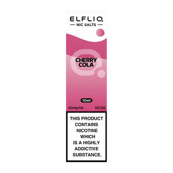 A bottle of Elf Bar ElfLiq Cherry Cola Nic Salt Vape Juice, 10ml with a pink label.