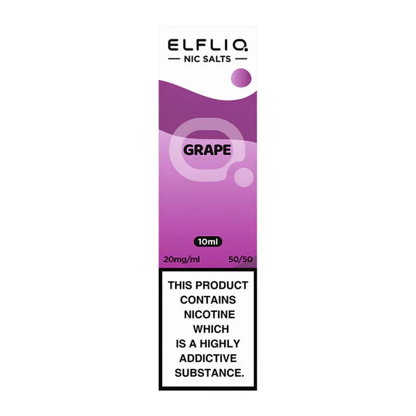 A bottle of Elf Bar ElfLiq Grape Nic Salt Vape Juice, 10ml with a concentration of 20mg nicotine. The liquid is intended for use with pod systems and low-wattage devices.