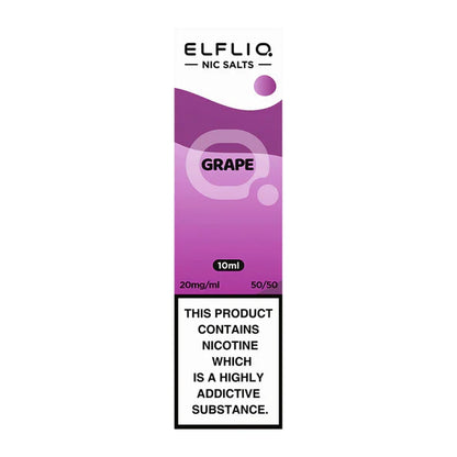 A bottle of Elf Bar ElfLiq Grape Nic Salt Vape Juice, 10ml with a concentration of 20mg nicotine. The liquid is intended for use with pod systems and low-wattage devices.