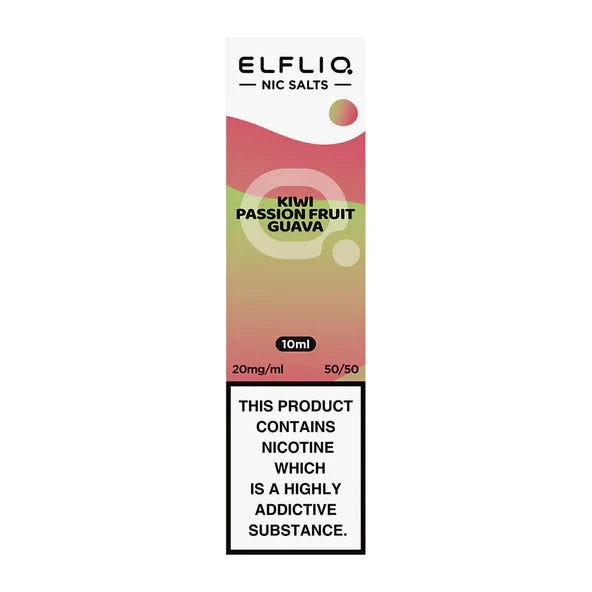 A bottle of Elf Bar ElfLiq Kiwi Passion Fruit Guava Nic Salt vape juice with a label showing the product name and flavors, with a background in pink and green tones.
