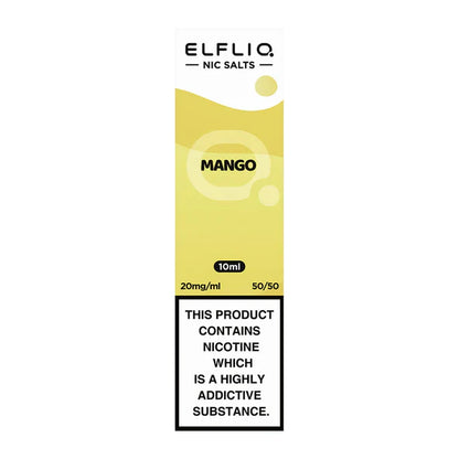 A bottle of Elf Bar ElfLiq Mango Nic Salt Vape Juice with a yellow label, indicating 10ml volume and 20mg nicotine strength. The label also mentions 'Nicotine is highly addictive'.