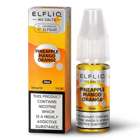 Packaging for ELFBAR ElfLiq Nic Salts featuring Pineapple Mango Orange flavor. The package includes a box and a 10ml bottle of the e-liquid.