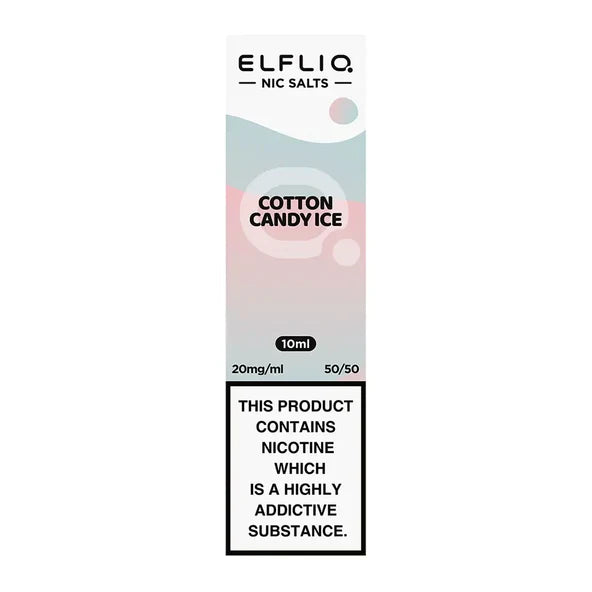 A bottle of Elf Bar ElfLiq Cotton Candy Ice Nic Salt Vape Juice, 10ml, with a label showing the flavor and nicotine strength.