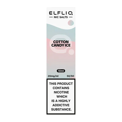 A bottle of Elf Bar ElfLiq Cotton Candy Ice Nic Salt Vape Juice, 10ml, with a label showing the flavor and nicotine strength.