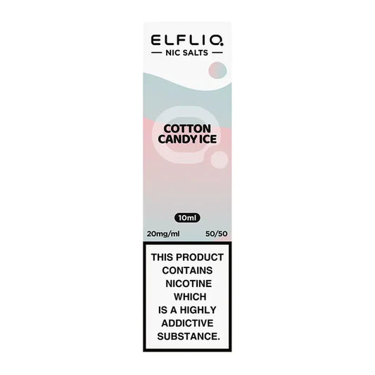 A bottle of Elf Bar ElfLiq Cotton Candy Ice Nic Salt Vape Juice, 10ml, with a label showing the flavor and nicotine strength.