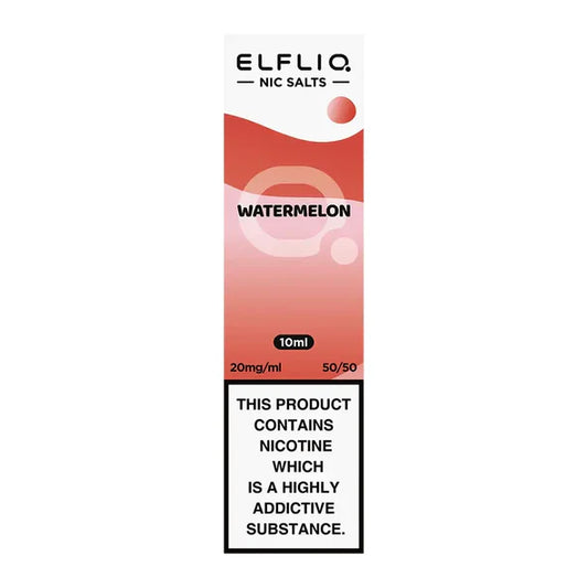 A bottle of Elf Bar ElfLiq Watermelon Nic Salt Vape Juice in a red and white label, indicating 10ml volume and nicotine content.