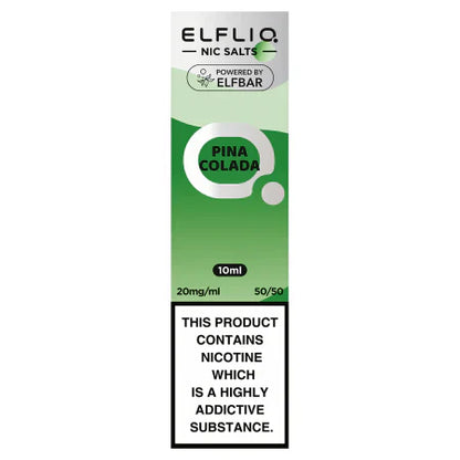 A bottle of ELFBAR ElfLiq Nic Salts - Pina Colada e-liquid, 10ml size, with labeling indicating the product contains nicotine, which is highly addictive.