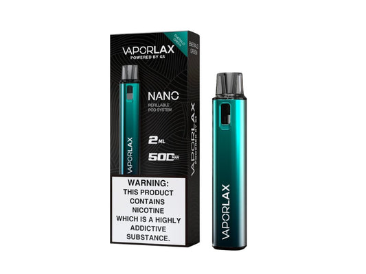 Vaporlax Nano Pod Kit in Emerald Green – compact and stylish vape device with a sleek metallic finish and modern design.