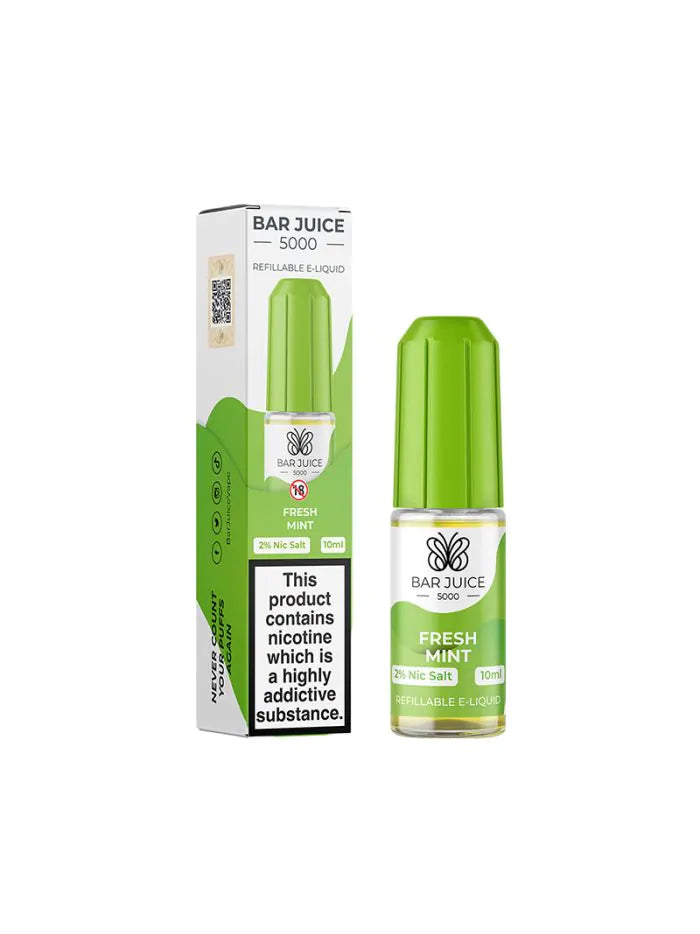 10ml bottle of Bar Juice 5000 Nic Salt E-Liquid in Fresh Mint flavor, delivering a crisp and cooling mint experience; smooth nicotine salt formula, perfect for pod devices and mouth-to-lung vaping.