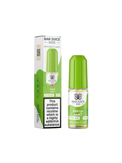 10ml bottle of Bar Juice 5000 Nic Salt E-Liquid in Fresh Mint flavor, delivering a crisp and cooling mint experience; smooth nicotine salt formula, perfect for pod devices and mouth-to-lung vaping.