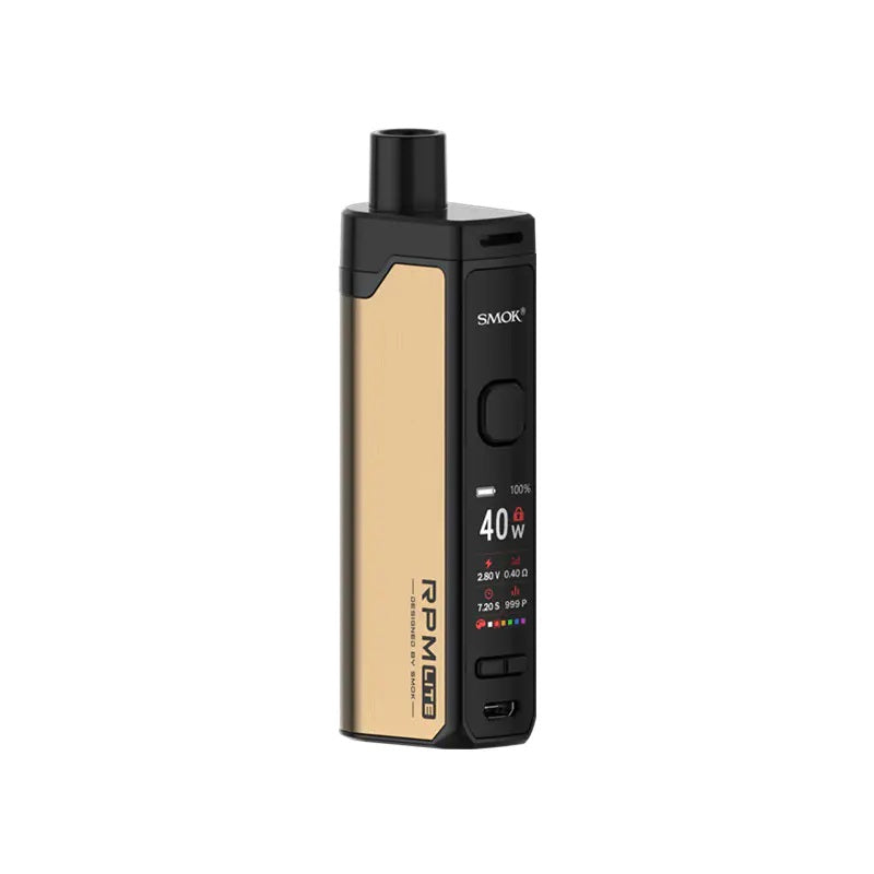 SMOK RPM Lite Gold pod vape kit with 1250mAh rechargeable battery, adjustable wattage up to 40W, and refillable pod cartridge system.