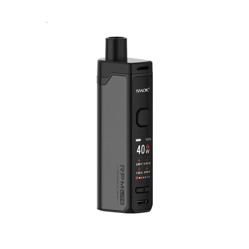 SMOK RPM Lite Gunmetal pod vape kit with 1250mAh rechargeable battery, adjustable wattage up to 40W, and refillable pod cartridge system.