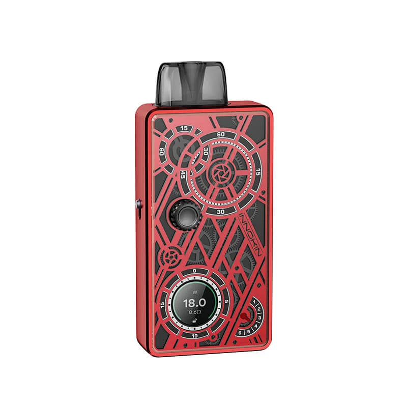 Innokin Klypse Mecha Pod Kit in Crimson Red – sleek pod system with 1400mAh battery, 2ml refillable pod, and adjustable airflow for MTL and RDL vaping.