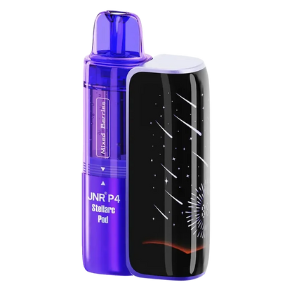 JNR P4 Stellarc 100K Prefilled Pod Kit in Mixed Berries / Mr Blue – high-capacity pod vape kit with up to 100,000 puffs and rechargeable design.