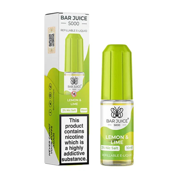 Bar Juice 5000 e-liquid bottle in green, with product packaging that indicates it is a nicotine e-liquid, 10ml size, with a label for 'LEMN & LIME' flavor.