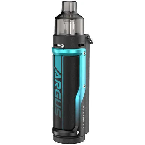 Voopoo Argus Pro Vape Pod Kit in Litchi Leather Blue – rugged and stylish vape device with a textured blue leather grip, high-performance GENE.TT chip, and adjustable wattage control.