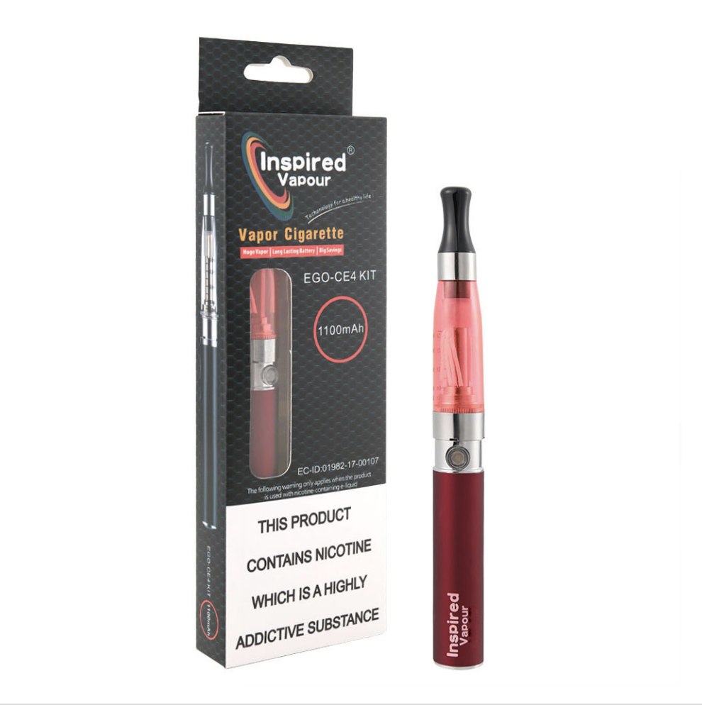 Inspired Vapour EGO CE4 Vape Pen Starter Kit in Red – 1100mAh e-cig kit with refillable atomiser, ideal for beginners.