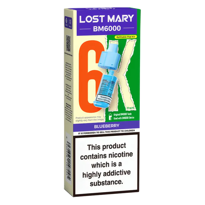 Lost Mary BM6000 prefilled vape pods in Blueberry flavor, designed with a sleek and ergonomic body, rechargeable battery via USB-C, built-in mesh coil for enhanced flavor, and offering up to 6000 puffs for a smooth, long-lasting vaping experience.