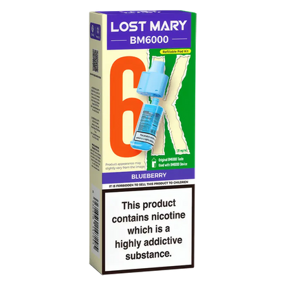 Lost Mary BM6000 prefilled vape pods in Blueberry flavor, designed with a sleek and ergonomic body, rechargeable battery via USB-C, built-in mesh coil for enhanced flavor, and offering up to 6000 puffs for a smooth, long-lasting vaping experience.