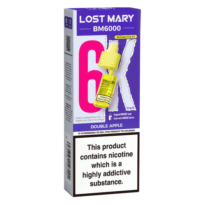 Lost Mary BM6000 prefilled vape pods in Double Apple flavor, designed with a sleek and ergonomic body, rechargeable battery via USB-C, built-in mesh coil for enhanced flavor, and offering up to 6000 puffs for a smooth, long-lasting vaping experience.