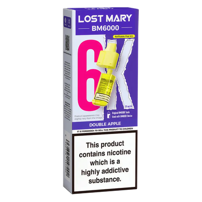 Lost Mary BM6000 prefilled vape pods in Double Apple flavor, designed with a sleek and ergonomic body, rechargeable battery via USB-C, built-in mesh coil for enhanced flavor, and offering up to 6000 puffs for a smooth, long-lasting vaping experience.