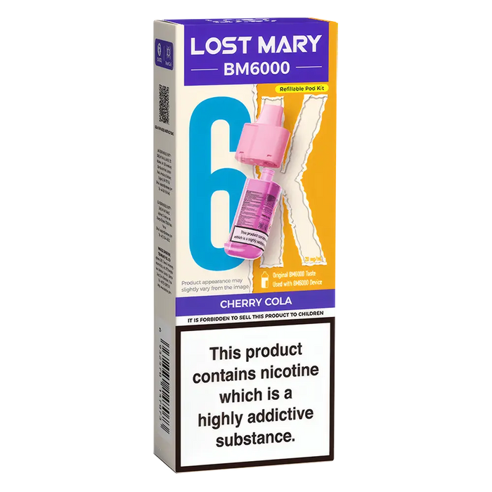Lost Mary BM6000 prefilled vape pods in Cherry Cola flavor, designed with a sleek and ergonomic body, rechargeable battery via USB-C, built-in mesh coil for enhanced flavor, and offering up to 6000 puffs for a smooth, long-lasting vaping experience.