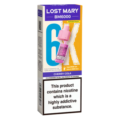 Lost Mary BM6000 prefilled vape pods in Cherry Cola flavor, designed with a sleek and ergonomic body, rechargeable battery via USB-C, built-in mesh coil for enhanced flavor, and offering up to 6000 puffs for a smooth, long-lasting vaping experience.
