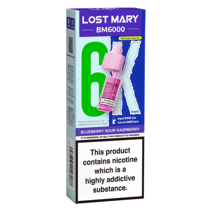 Lost Mary BM6000 prefilled vape pods in Blueberry Sour Raspberry flavor, designed with a sleek and ergonomic body, rechargeable battery via USB-C, built-in mesh coil for enhanced flavor, and offering up to 6000 puffs for a smooth, long-lasting vaping experience.