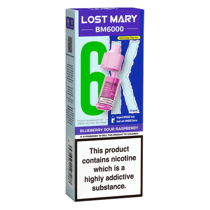 Lost Mary BM6000 prefilled vape pods in Blueberry Sour Raspberry flavor, designed with a sleek and ergonomic body, rechargeable battery via USB-C, built-in mesh coil for enhanced flavor, and offering up to 6000 puffs for a smooth, long-lasting vaping experience.