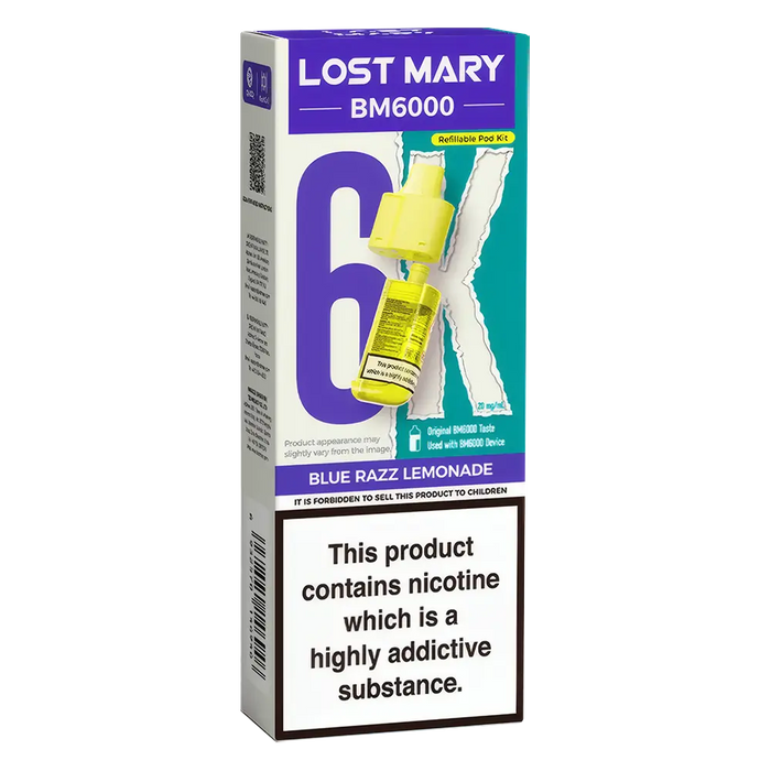 Lost Mary BM6000 prefilled vape pods in Blue Razz Lemonade flavor, designed with a sleek and ergonomic body, rechargeable battery via USB-C, built-in mesh coil for enhanced flavor, and offering up to 6000 puffs for a smooth, long-lasting vaping experience.